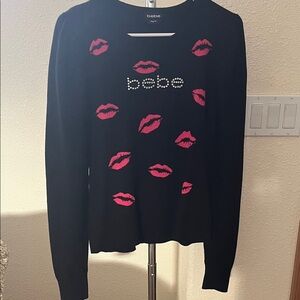 Mean girls mcbling y2k Bebe Black sweater top with Pink Lip Prints
